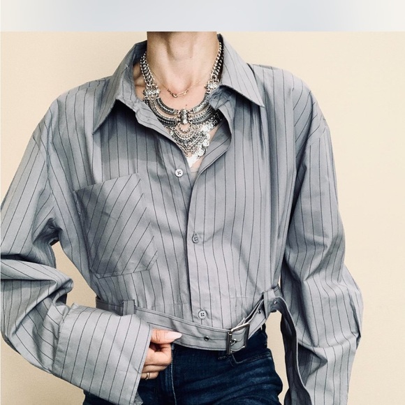 Zara collared crop shirt belted stripe long sleeve flattering dart back NWT rare - Picture 9 of 14